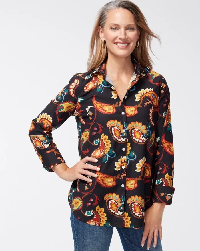 Chico039s Tops No Iron Stretch Paisley Shirt Black 8211 Clothing