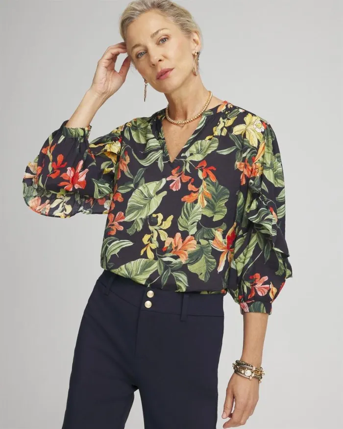 Chico039s Tops Orchid Ruffle Sleeve Blouse Classic Navy 8211 Clothing