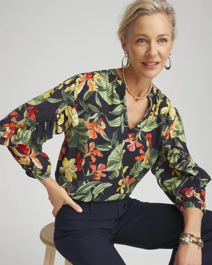 Chico039s Tops Orchid Ruffle Sleeve Blouse Classic Navy 8211 Clothing