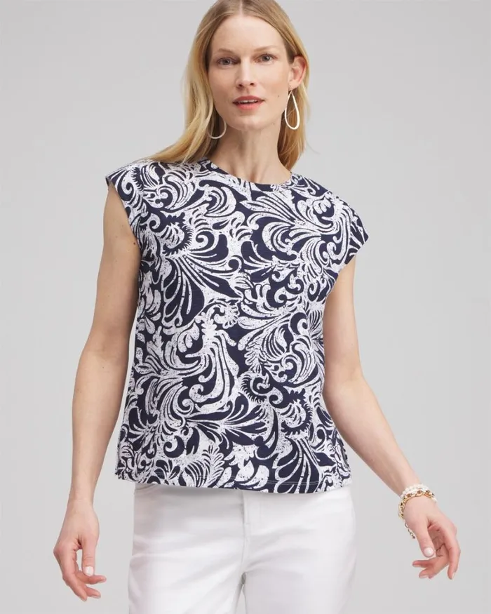 Chico039s Tops Paisley Cap Sleeve Tee Classic Navy 8211 Clothing