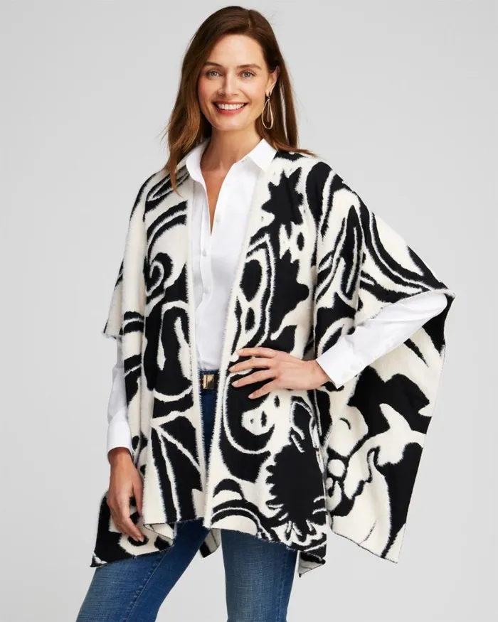 Chico039s Tops Reversible Jacquard Ruana Black 8211 Clothing