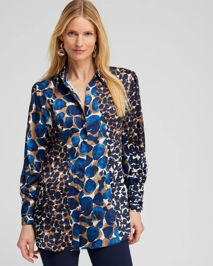 Chico039s Tops Ruched Cuff Mosaic Print Tunic Royal Blue 8211 Clothing