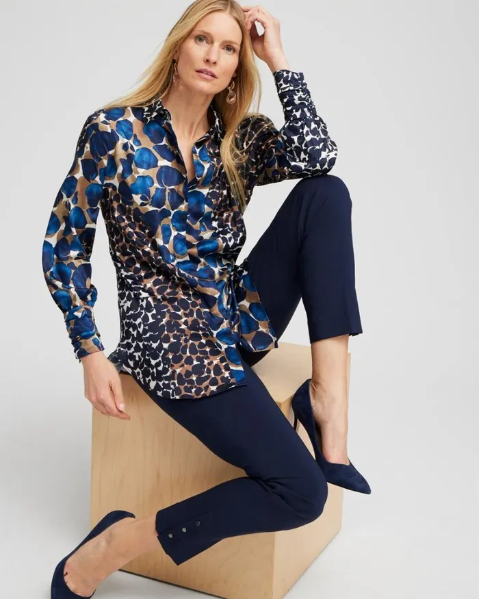 Chico039s Tops Ruched Cuff Mosaic Print Tunic Royal Blue 8211 Clothing