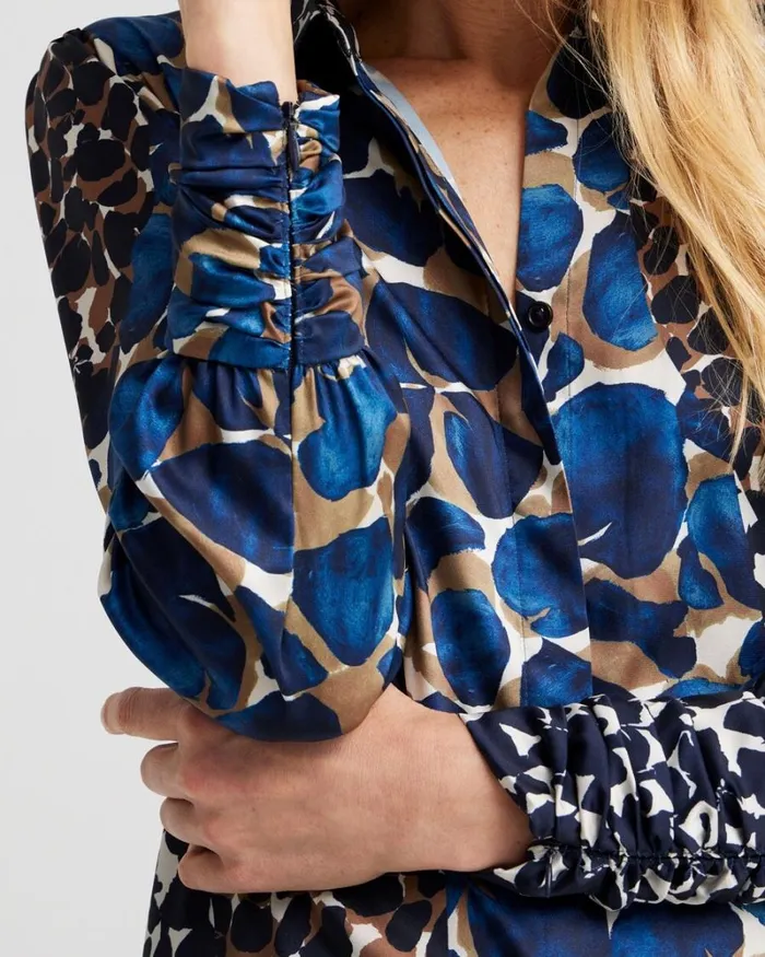 Chico039s Tops Ruched Cuff Mosaic Print Tunic Royal Blue 8211 Clothing