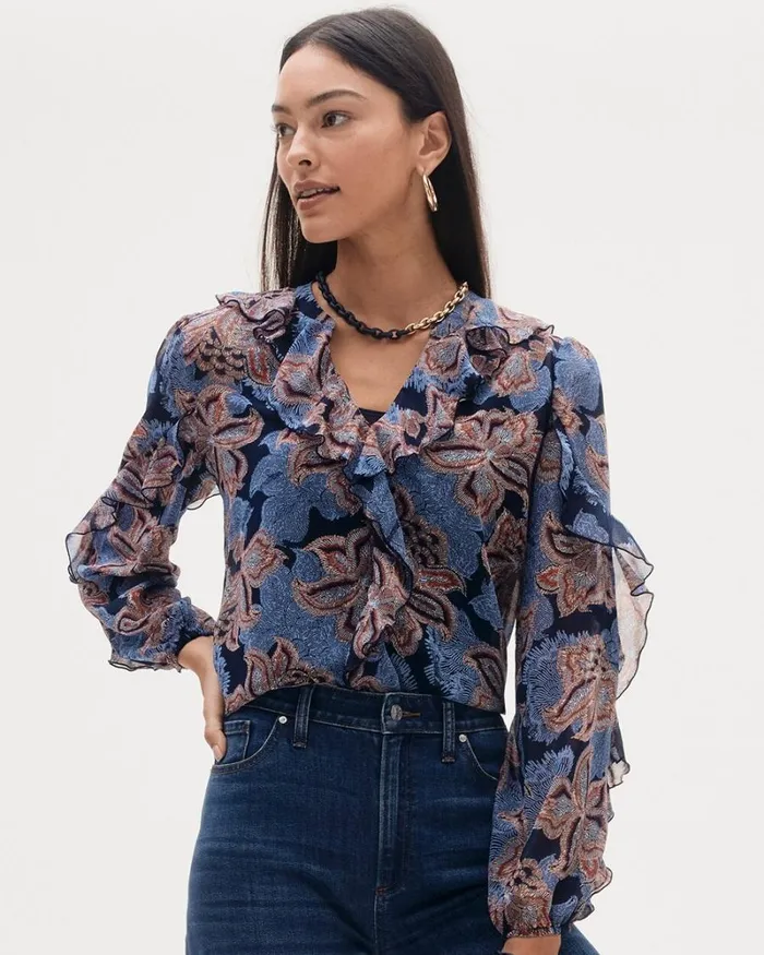 Chico039s Tops Ruffle Detail Floral Blouse Ginger Rose 8211 Clothing