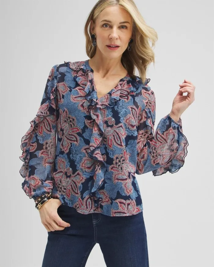 Chico039s Tops Ruffle Detail Floral Blouse Ginger Rose 8211 Clothing