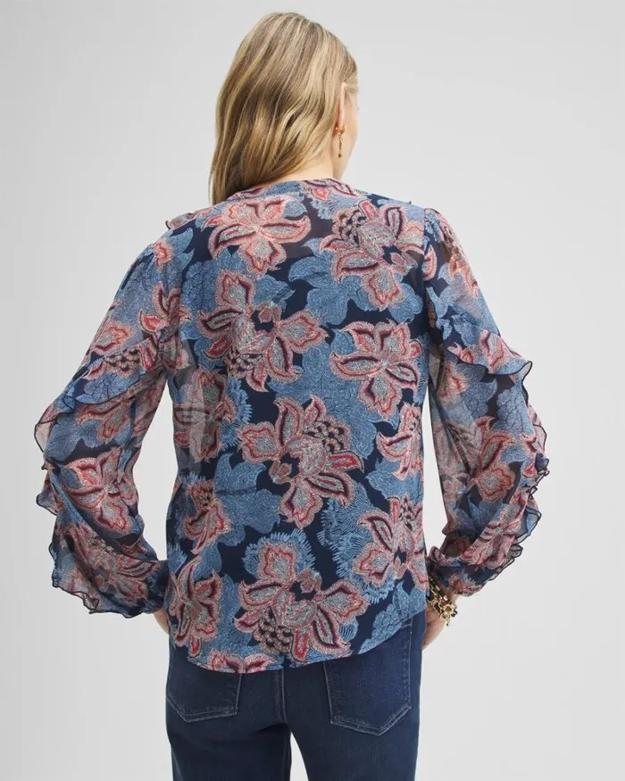 Chico039s Tops Ruffle Detail Floral Blouse Ginger Rose 8211 Clothing