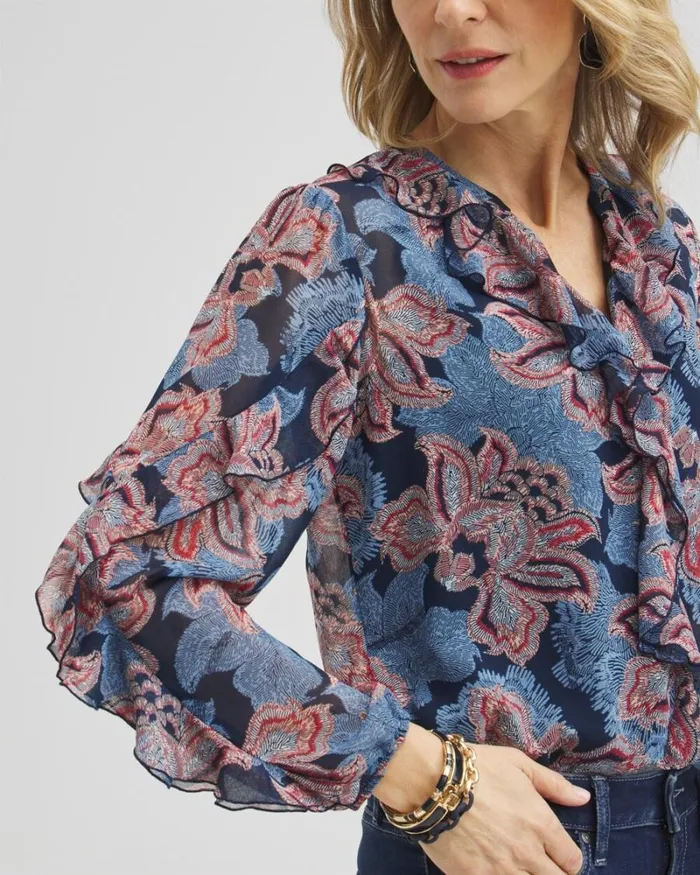 Chico039s Tops Ruffle Detail Floral Blouse Ginger Rose 8211 Clothing