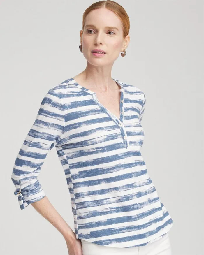Chico039s Tops Stripe Ring Detail Henley Top Soft Slate 8211 Clothing