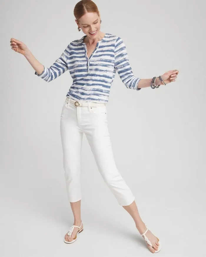 Chico039s Tops Stripe Ring Detail Henley Top Soft Slate 8211 Clothing