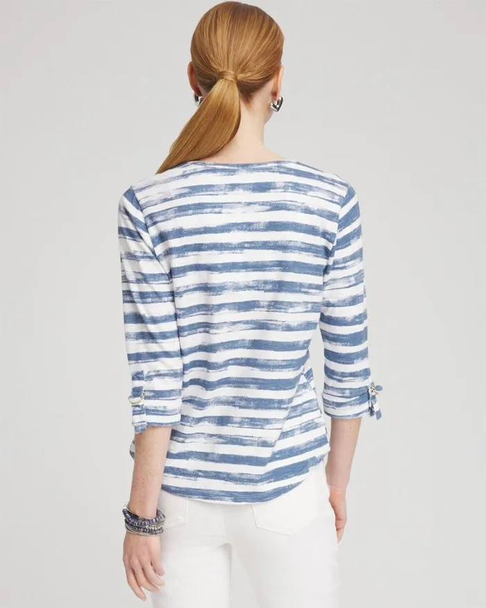 Chico039s Tops Stripe Ring Detail Henley Top Soft Slate 8211 Clothing