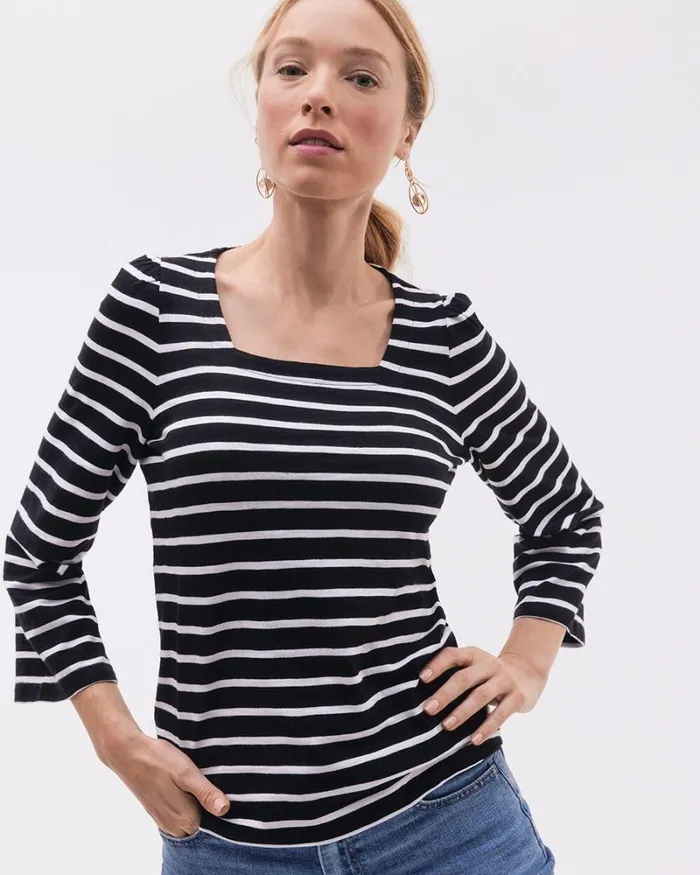 Chico039s Tops Stripe Square Neck Bell Sleeve Top Black 8211 Clothing