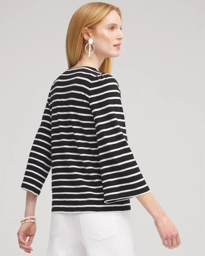 Chico039s Tops Stripe Square Neck Bell Sleeve Top Black 8211 Clothing