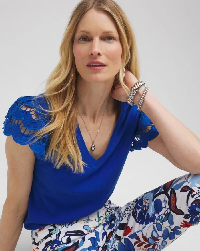 Chico039s Tops Tiered Eyelet Sleeve Top Intense Azure 8211 Clothing