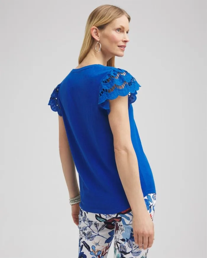 Chico039s Tops Tiered Eyelet Sleeve Top Intense Azure 8211 Clothing