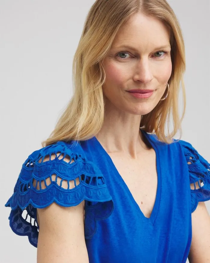 Chico039s Tops Tiered Eyelet Sleeve Top Intense Azure 8211 Clothing