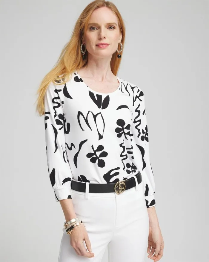 Chico039s Tops Touch Of Cool Abstract Smock Sleeve Tee Black 8211 Clothing
