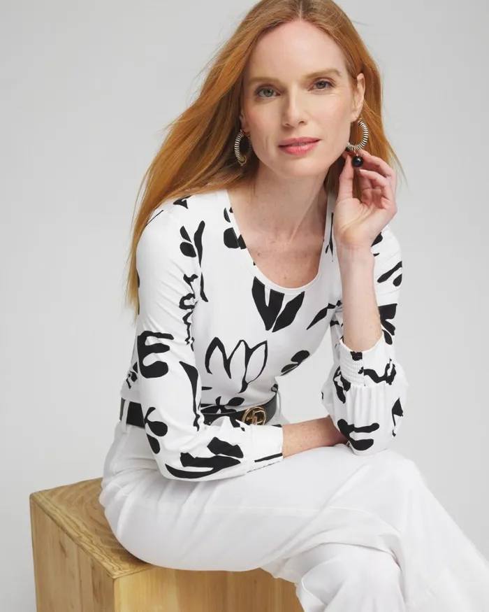 Chico039s Tops Touch Of Cool Abstract Smock Sleeve Tee Black 8211 Clothing