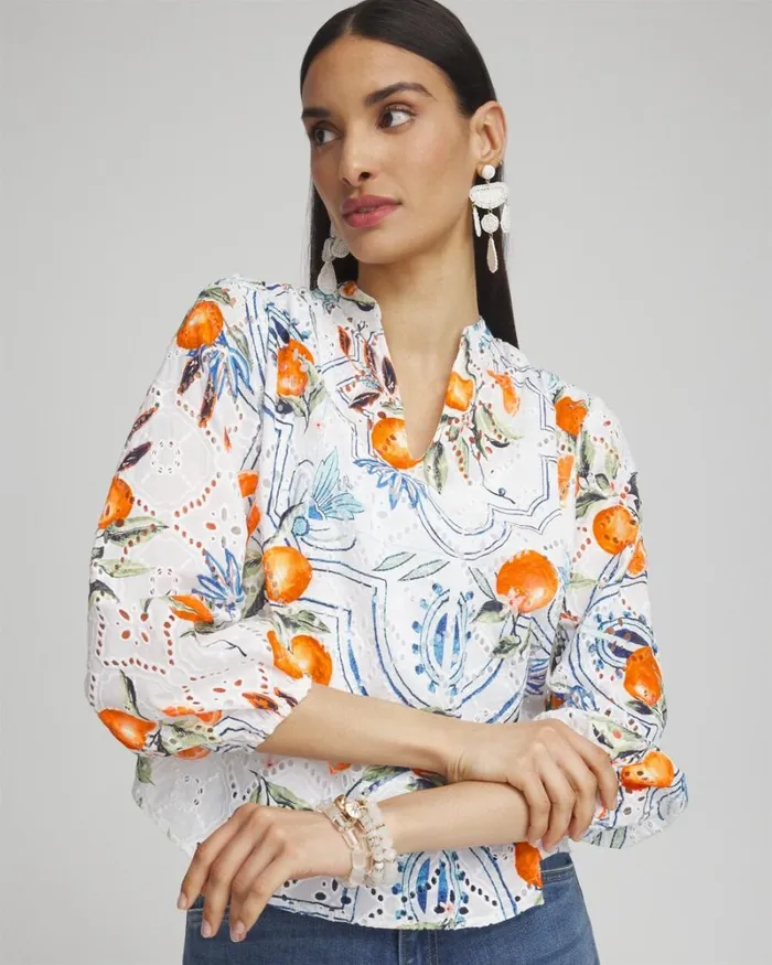 Chico039s Tops Tropical Eyelet Sleeve Shirt Paradise Lily 8211 Clothing