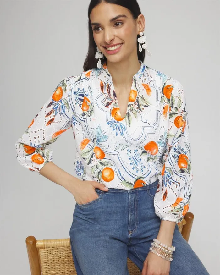 Chico039s Tops Tropical Eyelet Sleeve Shirt Paradise Lily 8211 Clothing