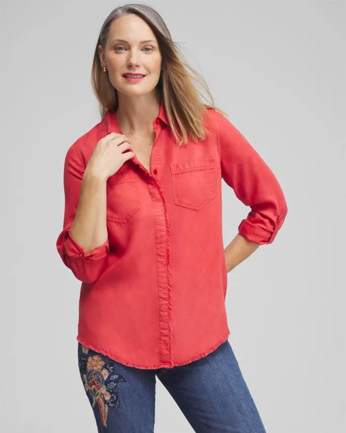 Chico039s Tops Twill Fringe Hem Shirt Ginger Rose 8211 Clothing