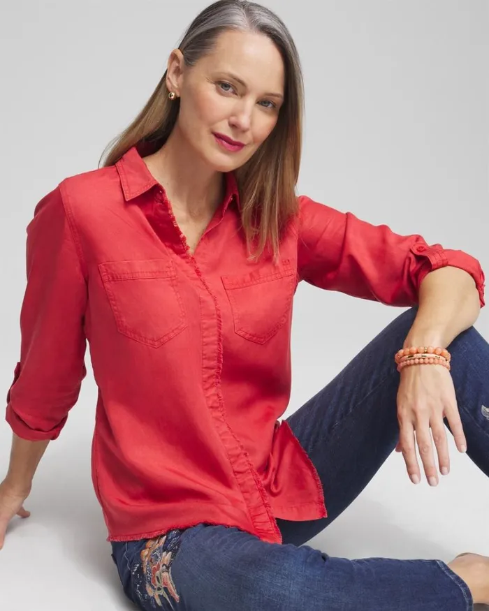 Chico039s Tops Twill Fringe Hem Shirt Ginger Rose 8211 Clothing