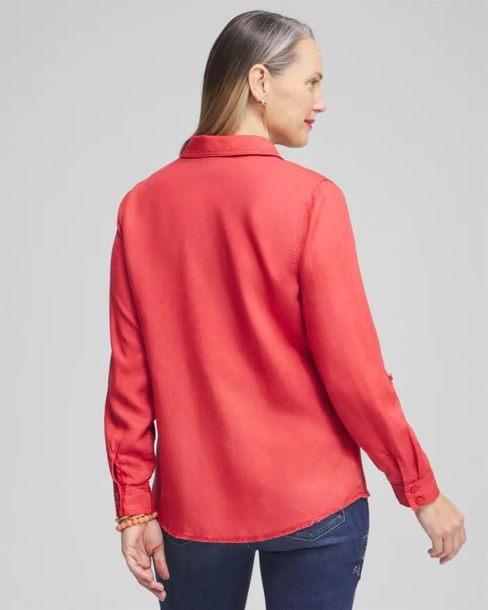 Chico039s Tops Twill Fringe Hem Shirt Ginger Rose 8211 Clothing