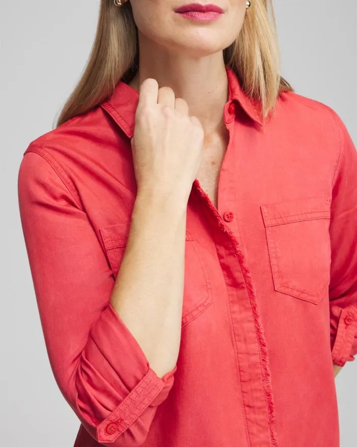 Chico039s Tops Twill Fringe Hem Shirt Ginger Rose 8211 Clothing