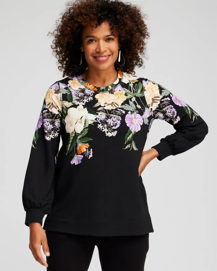 Chico039s Tops Zenergy French Terry Floral Pullover Black 8211 Clothing