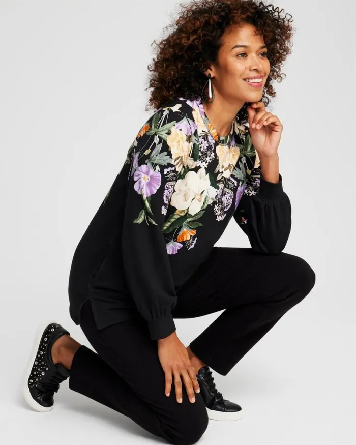 Chico039s Tops Zenergy French Terry Floral Pullover Black 8211 Clothing