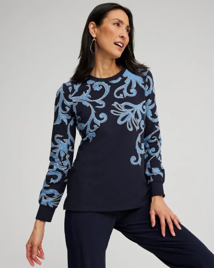 Chico039s Tops Zenergy Scroll Print Pullover Classic Navy 8211 Clothing
