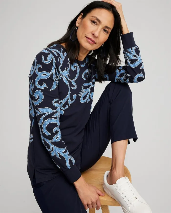 Chico039s Tops Zenergy Scroll Print Pullover Classic Navy 8211 Clothing