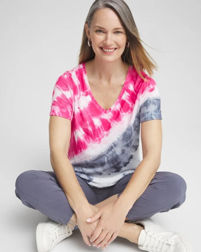 Chico039s Tops Zenergy Tie Dye Tee Pink Bromeliad 8211 Clothing