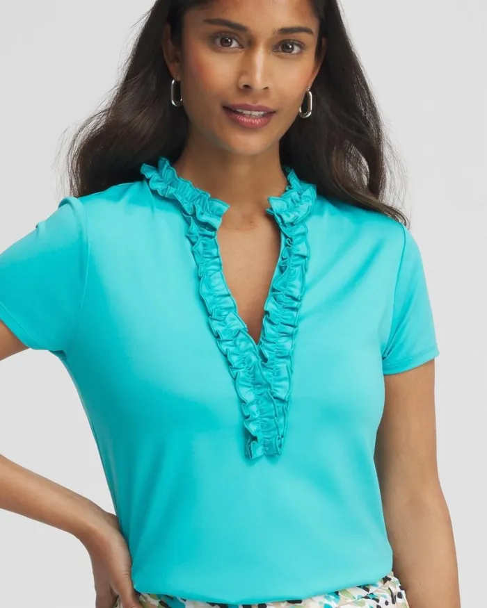 Chico039s Tops Zenergy UPF Blue Ruffle Neck Top Oceano 8211 Clothing