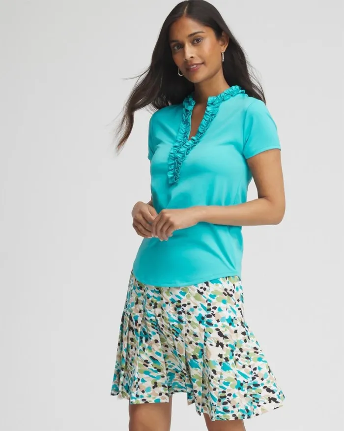 Chico039s Tops Zenergy UPF Blue Ruffle Neck Top Oceano 8211 Clothing