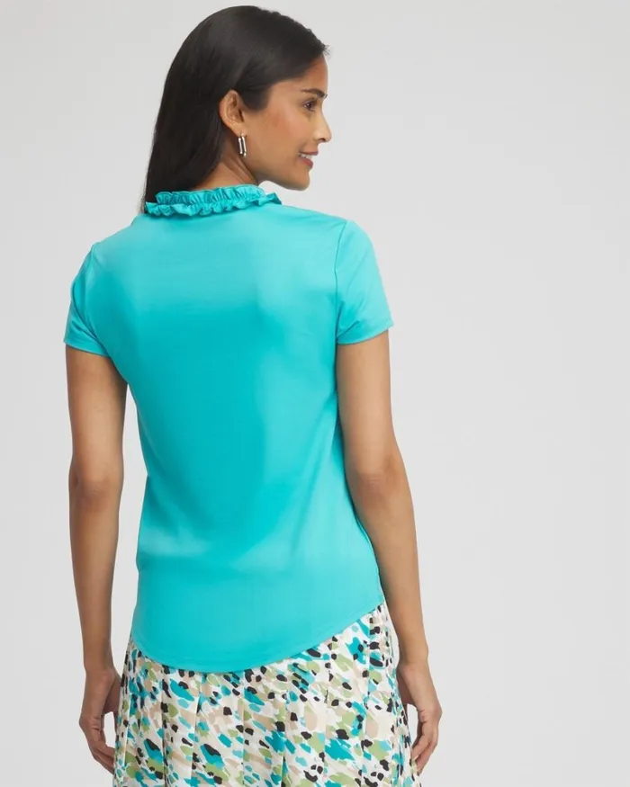 Chico039s Tops Zenergy UPF Blue Ruffle Neck Top Oceano 8211 Clothing