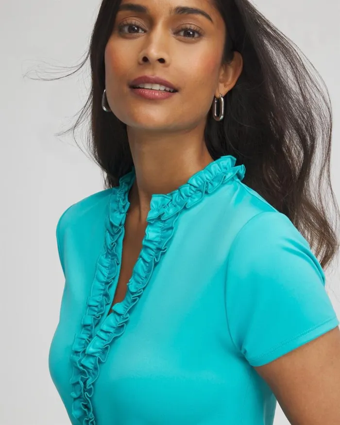 Chico039s Tops Zenergy UPF Blue Ruffle Neck Top Oceano 8211 Clothing