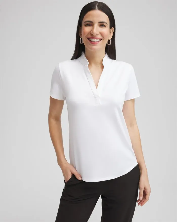 Chico039s Tops Zenergy UPF Ruffle Neck Polo Alabaster 8211 Clothing