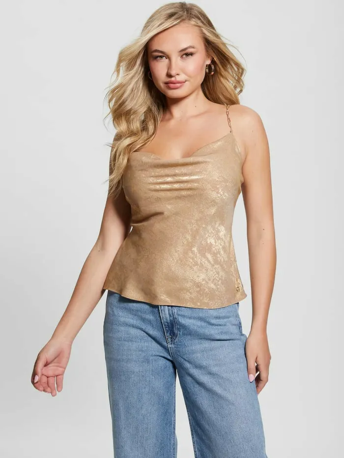 Daria Metallic Chain Top Gold Foil Combo Women Tops GUESS