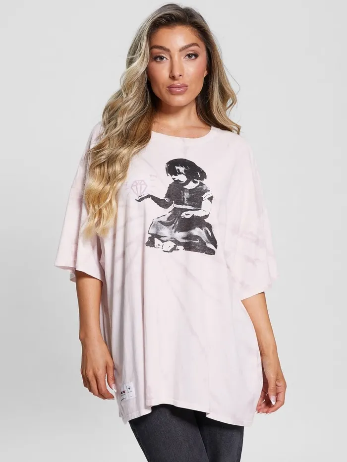 Diamond Girl Oversized Lounge Tee Linen Lilac Multi Tops GUESS Women
