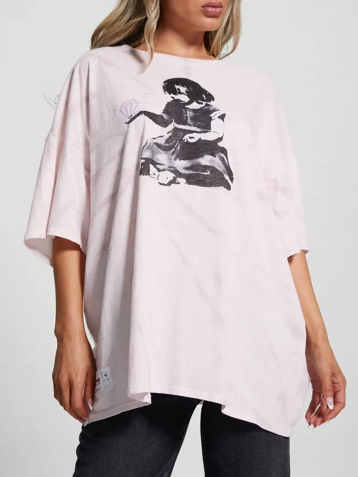 Diamond Girl Oversized Lounge Tee Linen Lilac Multi Tops GUESS Women Diamond Girl Oversized Lounge Tee Linen Lilac Multi Tops GUESS Women