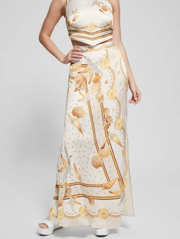 Dora Satin Maxi Skirt Multi Shell Print Women Bottoms GUESS