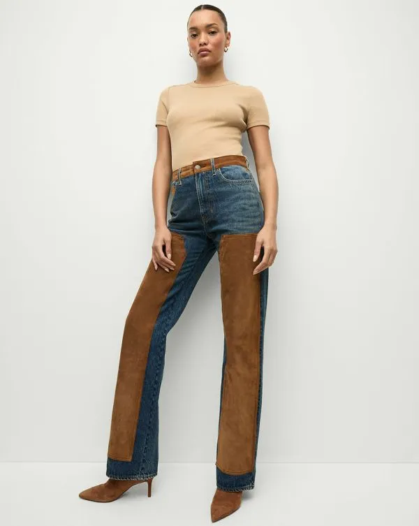 Dylan SuedePatchwork StraightLeg Jean Equinox Blue Women Veronica Beard Jeans Dylan SuedePatchwork StraightLeg Jean Equinox Blue Women Veronica Beard Jeans