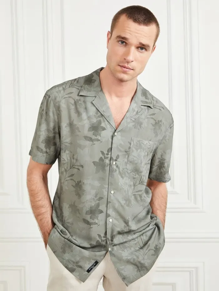 Eco Billy Bowling Shirt Mossy Green Flower Mimeti Men Shirts GUESS