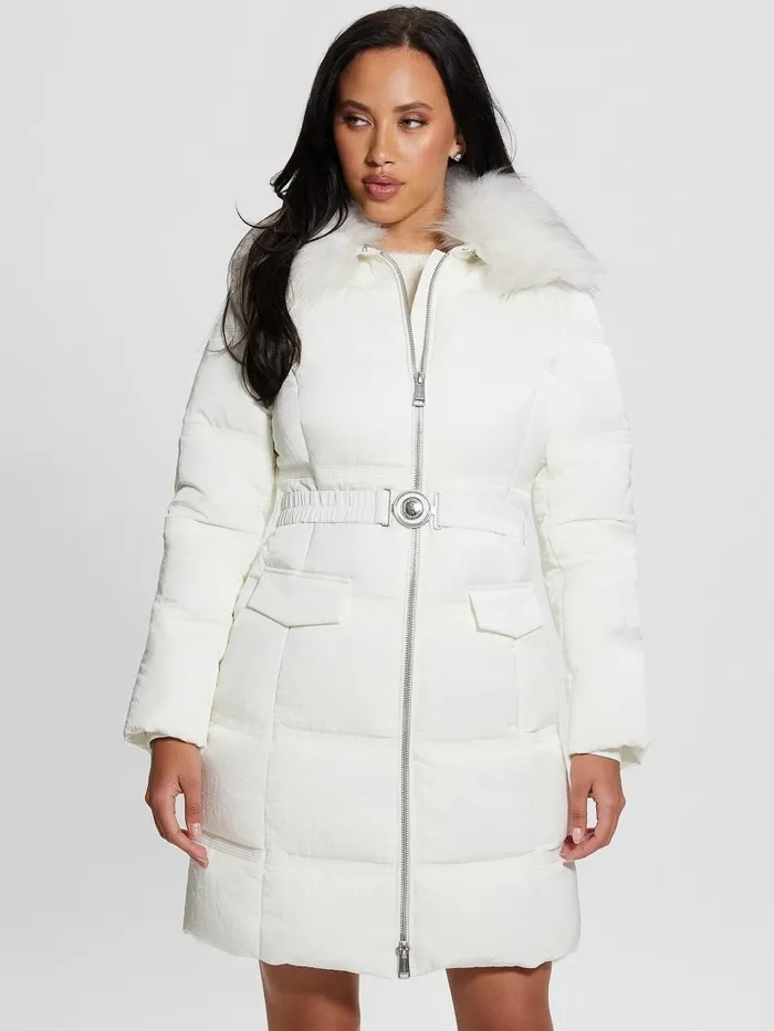 Eco Marisol Belted Puffer Coat Salt White Women Jackets and Coats GUESS Eco Marisol Belted Puffer Coat Salt White Women Jackets and Coats GUESS