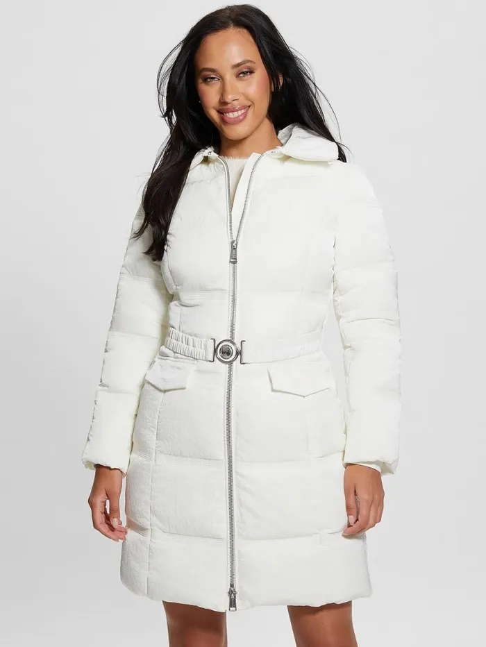 Eco Marisol Belted Puffer Coat Salt White Women Jackets and Coats GUESS Eco Marisol Belted Puffer Coat Salt White Women Jackets and Coats GUESS