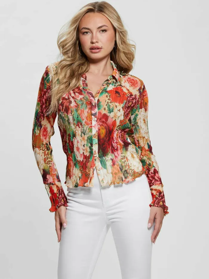 Eco Vivenne Plisse ButtonUp Top Peony Animal Print Women Tops GUESS