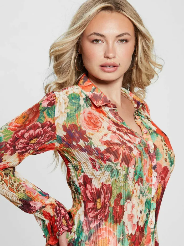 Eco Vivenne Plisse ButtonUp Top Peony Animal Print Women Tops GUESS Eco Vivenne Plisse ButtonUp Top Peony Animal Print Women Tops GUESS