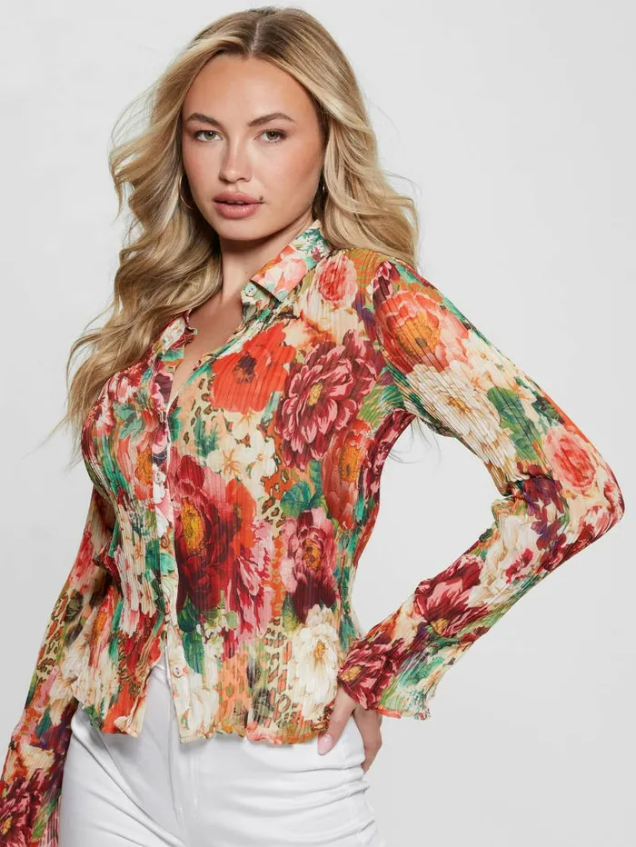 Eco Vivenne Plisse ButtonUp Top Peony Animal Print Women Tops GUESS Eco Vivenne Plisse ButtonUp Top Peony Animal Print Women Tops GUESS