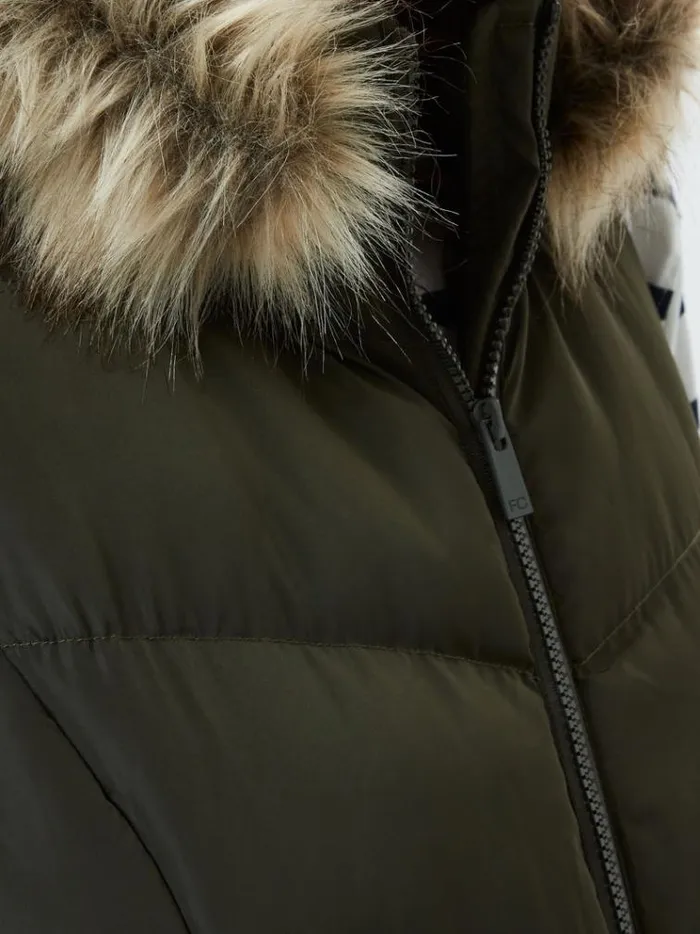 French Connection Coats and Jackets Faux Fur Hooded Chevron Gilet Khaki 8211 Woman